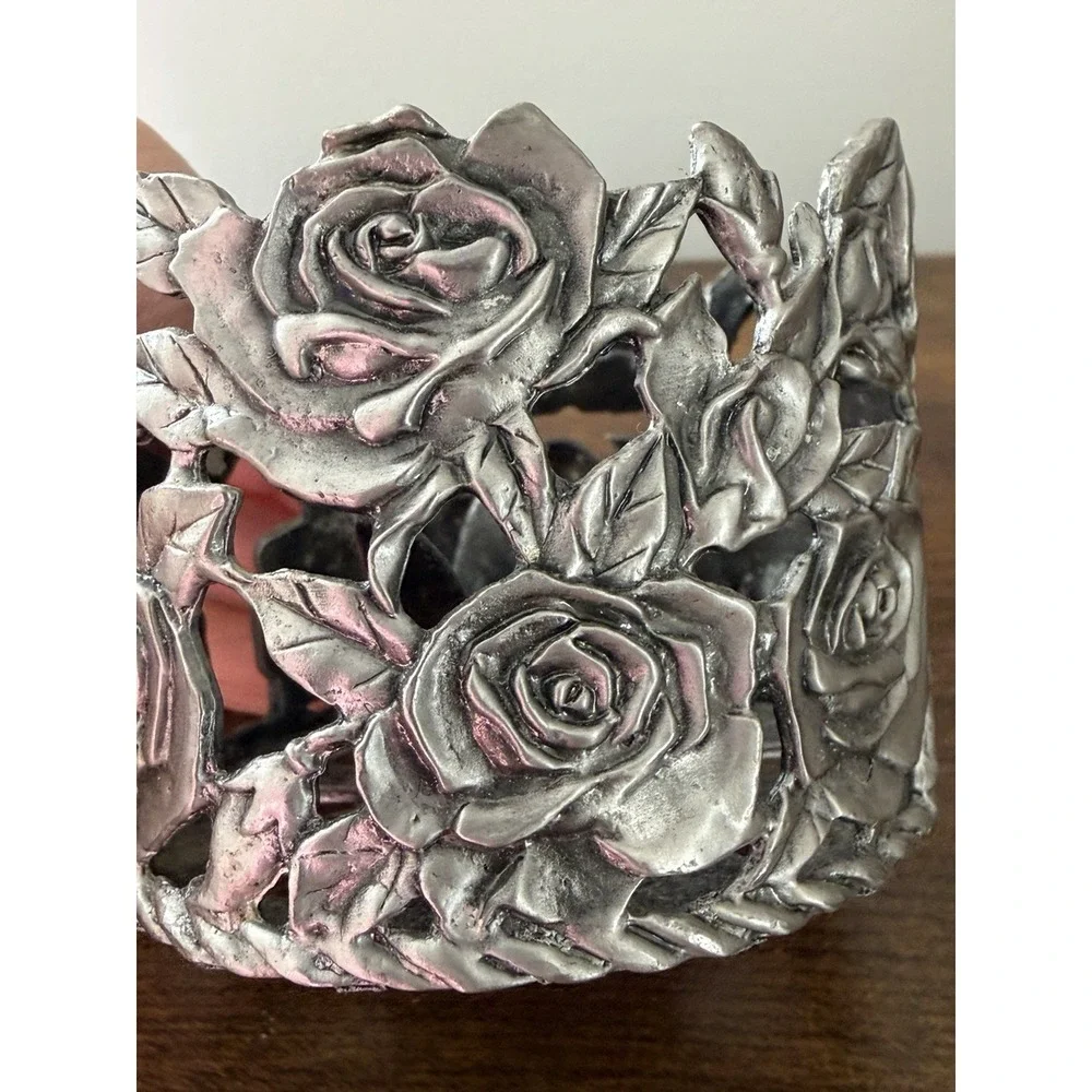 Ganz Pewter Rose Candle Holder‎ Votive Floral Metal Taiwan Vintage Decor